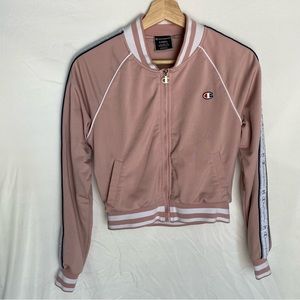 Champion Cropped Bomber Jacket Size X-Small Zip Front Mauve Pink Logo Racer Trim